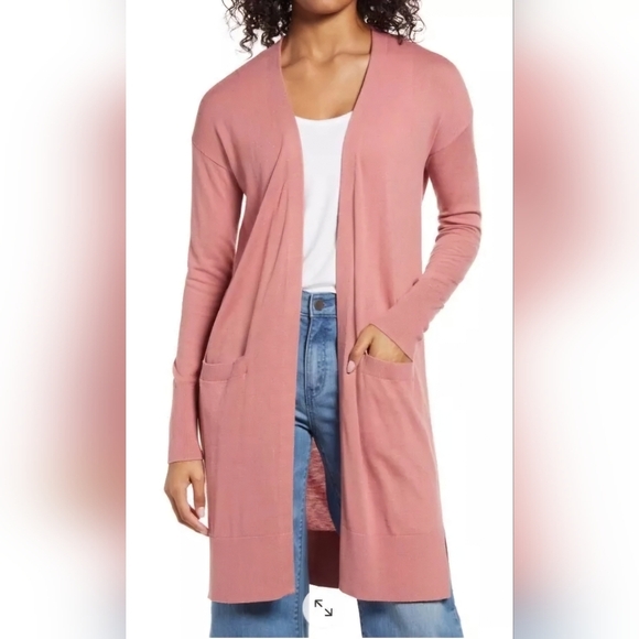 Halogen Women's Pink Front Open Cashmere Wool Long Cardigan with Pockets Small - Picture 1 of 14